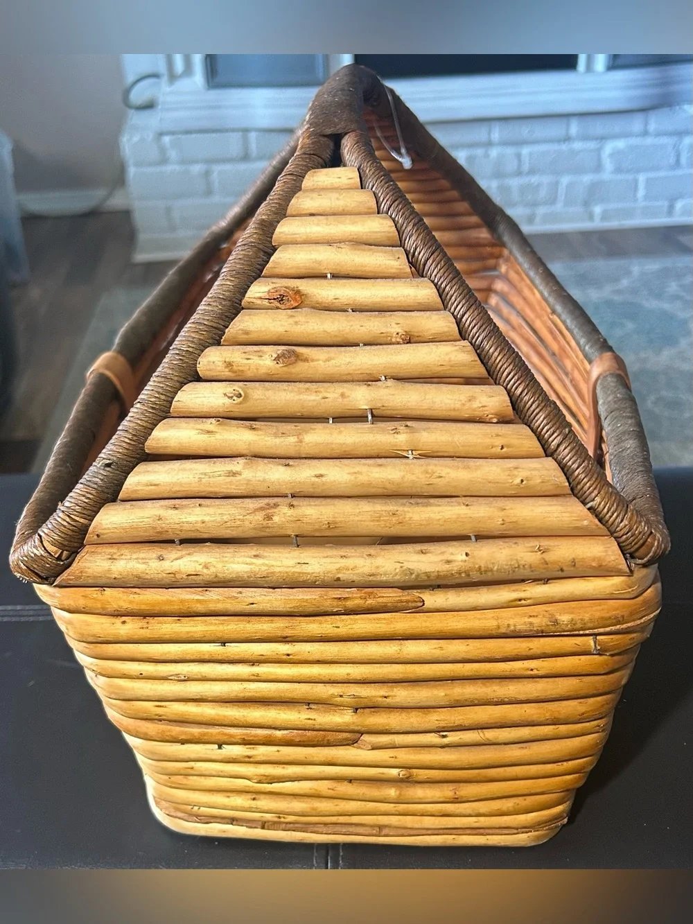 Large Handwoven Rectangular Rattan Basket with Handle Natural Brown Size 18”X11
